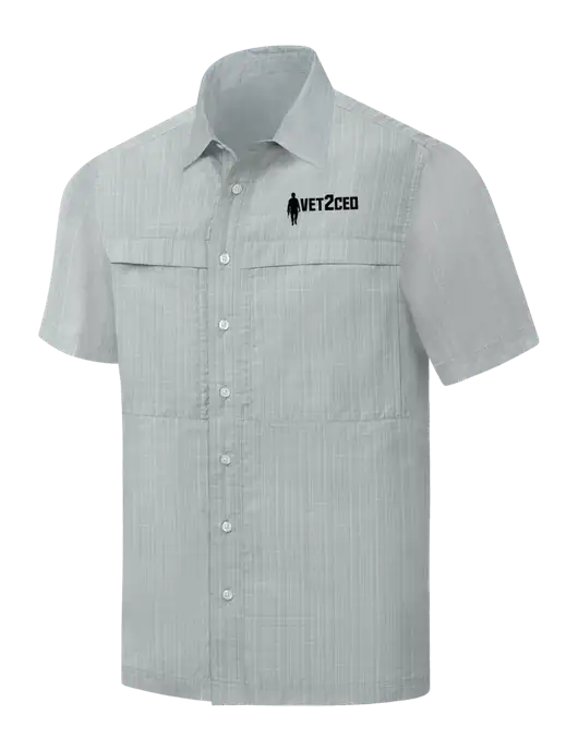 Light Grey Crosshatch Short Sleeve UV Daybreak Shirt w/Vet2CEO Logo
