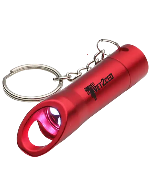 Red Pocket LED Flashlight with Bottle Opener & Keychain w/Vet2CEO Logo