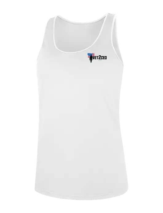 Womens White Perfect Tri Racerback Tank w/Vet2CEO Logo