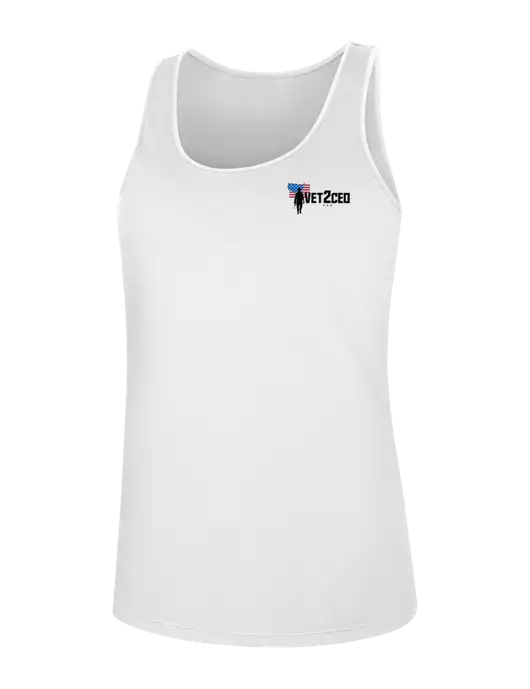 Womens White PosiCharge Competitor Racerback Tank w/Vet2CEO Logo