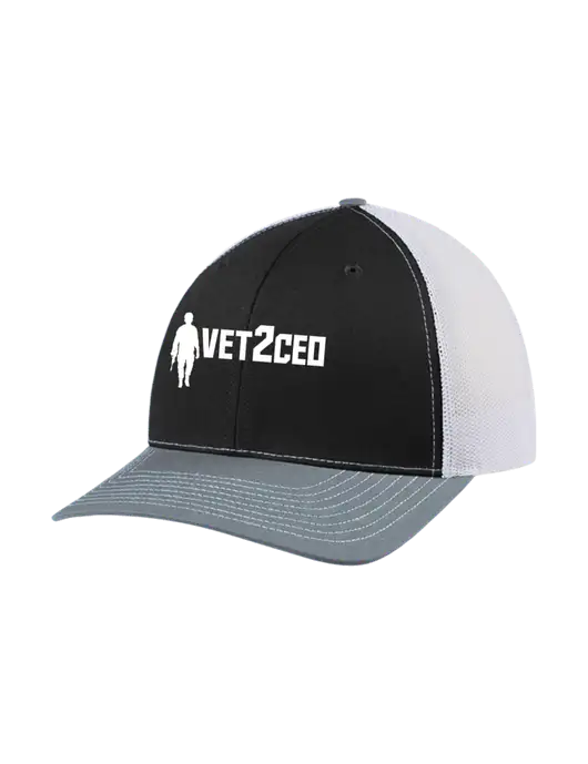 Richardson Adjustable Snapback Original 112 Trucker Cap Black/Light Heather Grey/White Mesh w/Vet2CEO Logo